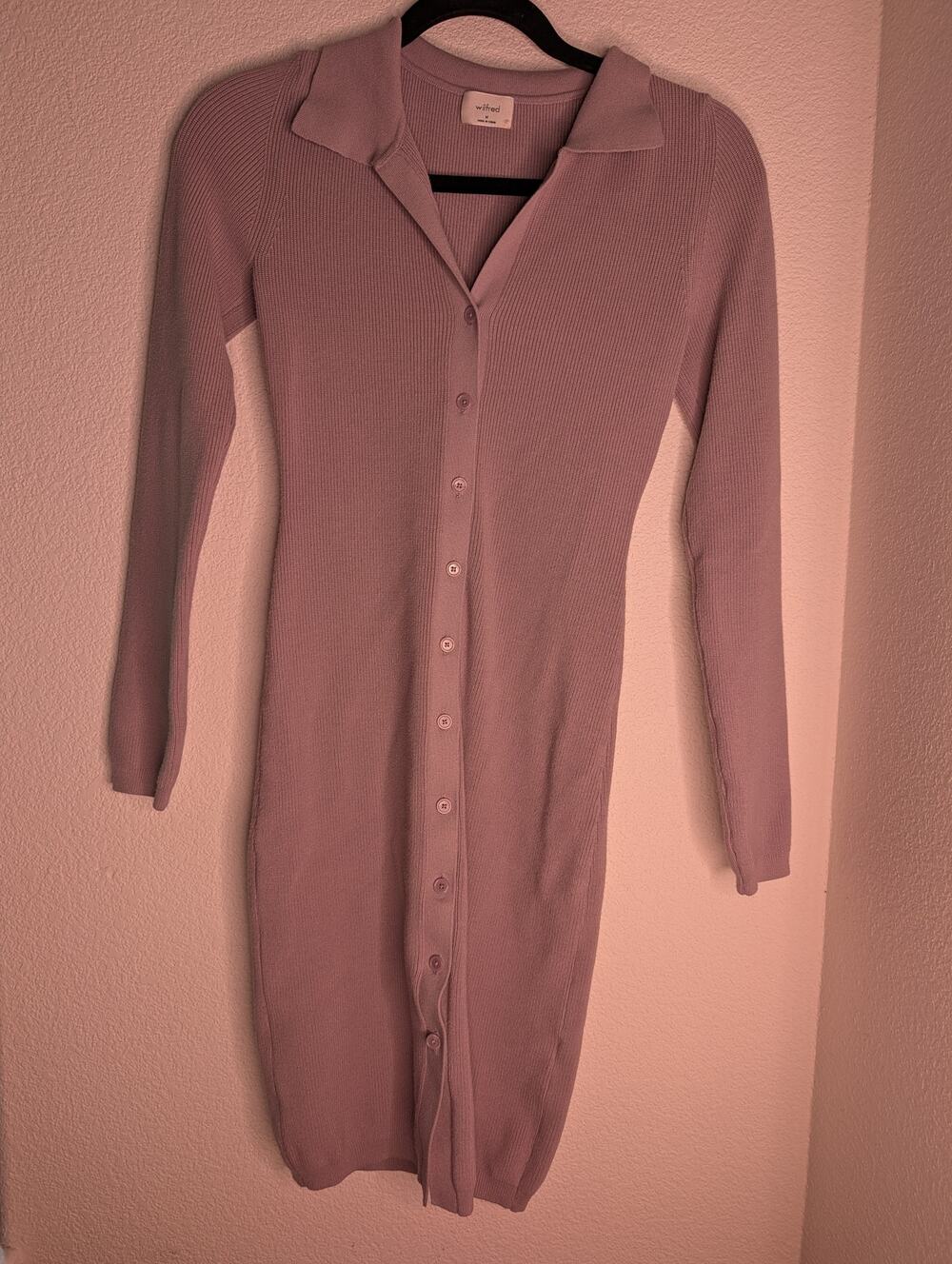 Aritzia Wilfred Cove Purple Ribbed Bodycon Dress Buttons M Office Chic Vacation